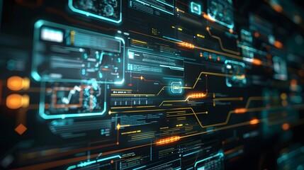 Naklejka premium A sleek, digital flowchart or process map displayed in a high-tech interface, outlining the steps, inputs, outputs, and transformations within a system