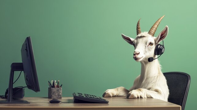 Goat at Desk with Headset and Computer Setup