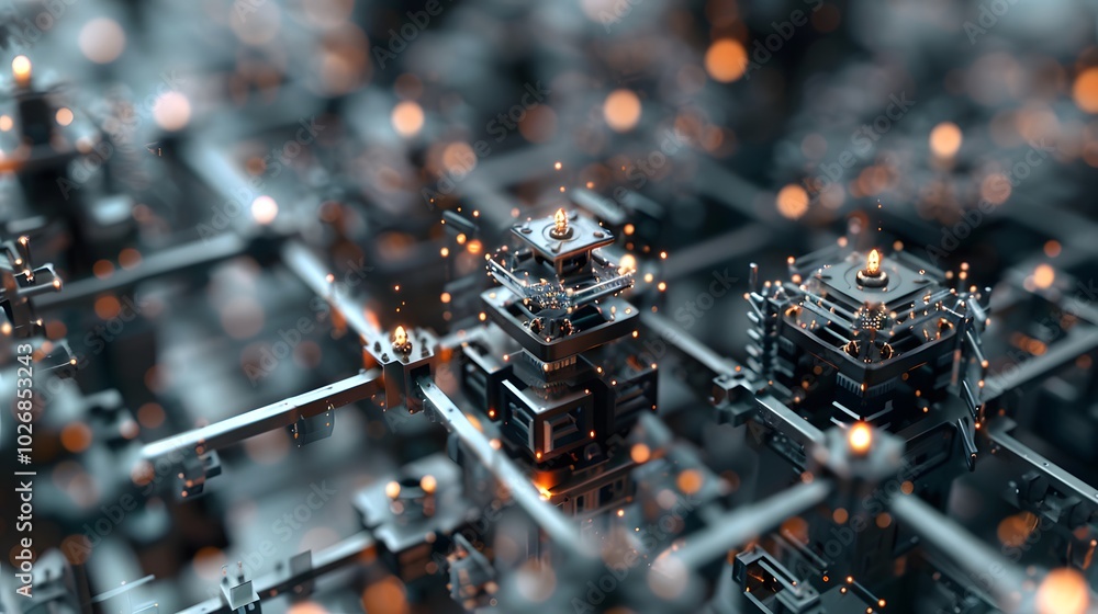 Poster a 3d visualization of a complex machine or organizational structure with layers and interconnected c