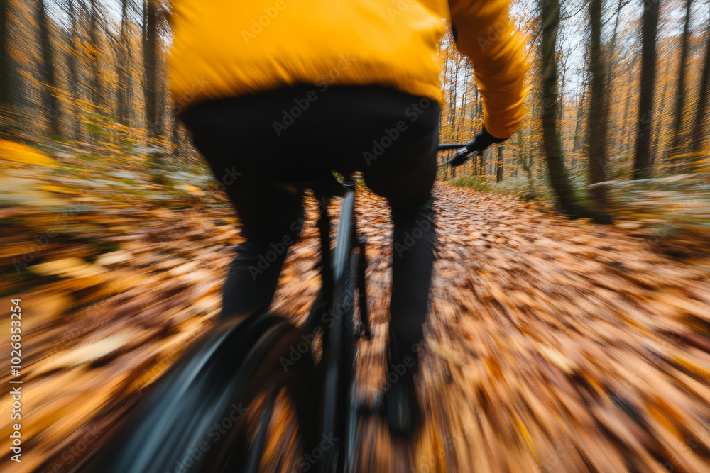 Wall mural a person is riding a bike through a forest with leaves on the ground