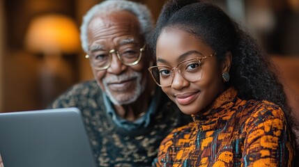 A teenage black girl helps her grandfather use a laptop, highlighting the intergenerational connection fostered by technology.