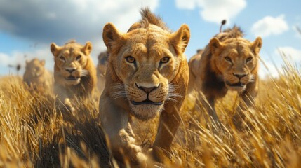 A pride of lions prowls through golden grasslands under a blue sky, showcasing their majestic presence in the wild.