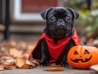 A cute black pug dressed in a red cape sits among autumn leaves next to a carved Halloween pumpkin, embodying festive spirit.