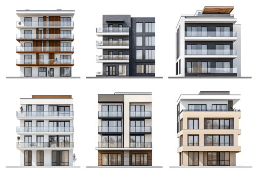 Set of buildings isolated on transparent background. PNG