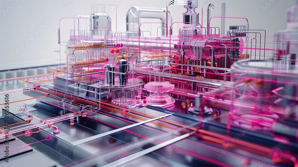 Poster a 3d visualization of a complex machine or organizational structure with layers and interconnected c