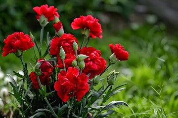 Vibrant red carnation flowers in full bloom amidst lush green foliage.