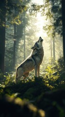 A wolf howls in a sunlit forest, surrounded by trees and lush foliage, evoking a sense of wilderness and connection to nature.