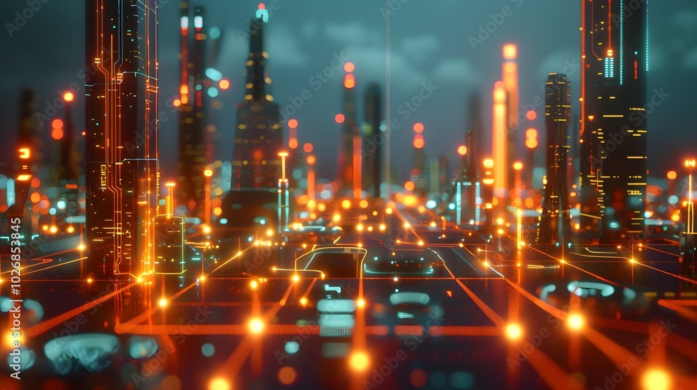 Poster a futuristic cityscape with interconnected glowing pathways and nodes, representing different compon