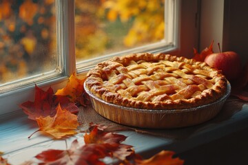 A delicious apple pie sits on a windowsill surrounded by autumn leaves, with warm sunlight filtering through the glass.