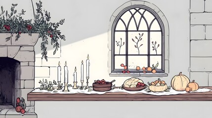 A cozy autumnal table setting featuring candles and seasonal produce.