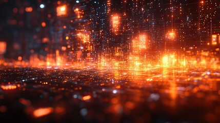 Fototapeta premium A vibrant abstract orange background with futuristic elements serves as a dynamic digital design for innovative technology projects.