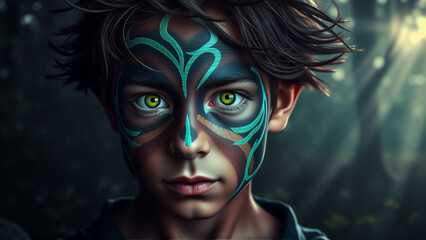 Boy with Green Tribal Face Paint in Mystical Forest