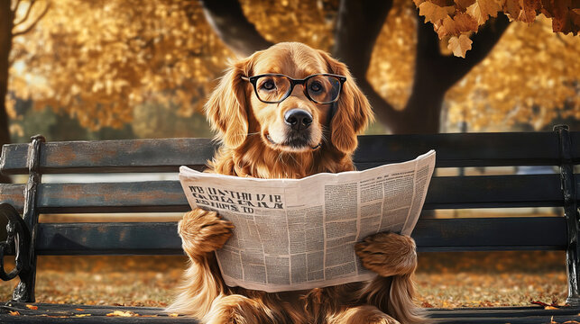 A golden retriever wearing glasses reads a newspaper while sitting on a park bench surrounded by autumn leaves