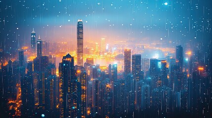 Obraz premium A view of a modern city skyline with a technology-focused concept, providing an abstract background suitable for a business website banner.