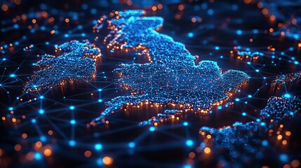 A view of the United Kingdom from space shows blue digital networks, representing international communication and technology connections.