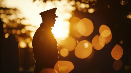 Soldier standing in cemetery at sunrise, back view, reflecting on the fallen, bathed in warm golden light