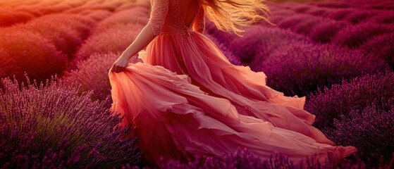 A woman in a flowing dress walks through a vibrant lavender field at sunset, creating a serene and picturesque scene.