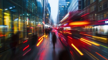 Abstract city scene with blurred motion and vibrant lights, illustrating urban life and hustle.