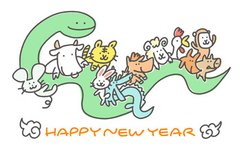 Fototapeta premium 大きな蛇に乗る可愛い干支の年賀状 十二支 2025 