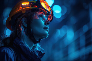 women Engineer wearing helmet and goggles, vibrant hot blue backdrop, visualize using a camera setup that mimics a large aperture, focusing solely on the silhouette's edge.