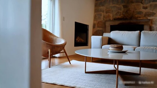 Round coffee table between wicker chair and sofa against fireplace. Scandinavian home interior design of modern living room with stone cladding wall.