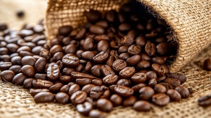 Fototapeta premium Freshly roasted coffee beans spilling from a burlap sack on a rustic background.