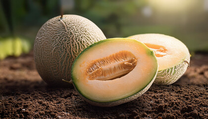 The cantaloupe is ripe and yellow in the garden.