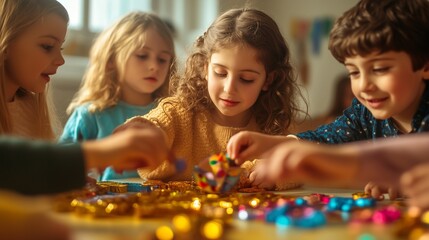 Fototapeta premium Children make crafts with their own hands, paper decorations
