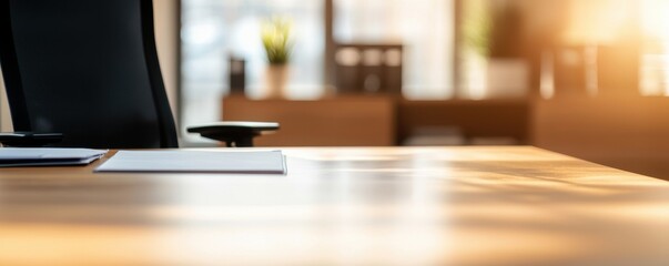 Modern office workspace with desk, chair, and soft sunlight filtering through windows.