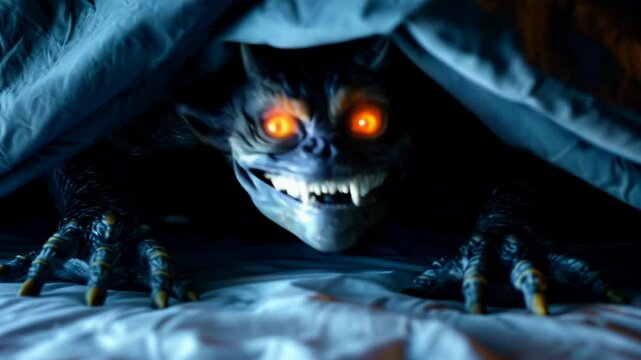 A monster hides under the covers, ready to scare. AI.