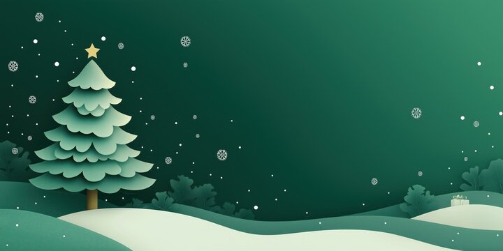Fundo m&aacute;gico de natal com estrelas em tons de verde com &aacute;rvore de Natal e espa&ccedil;o para texto e conte&uacute;dos