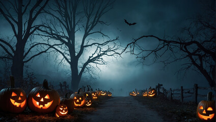 A pathway lined with glowing jack-o'-lanterns on a foggy Halloween night, adding to the eerie ambiance.