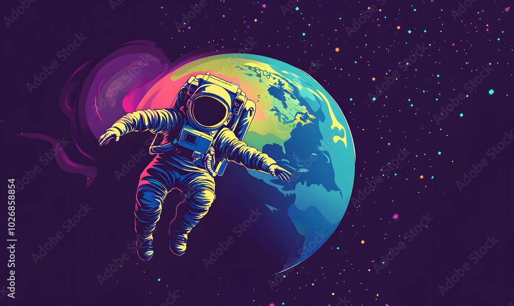 Wall mural graphics of space, planets, and astronauts on a white background.