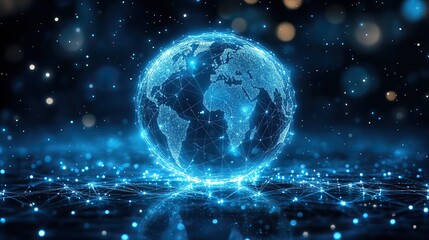 A world globe illustration highlighting digital network concepts and global technological connections.