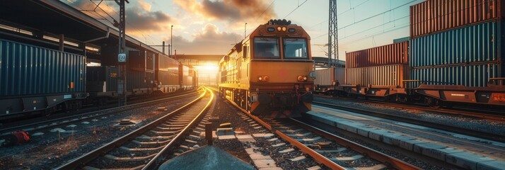 A freight train is being loaded with containers at a bustling railway station as the sun sets, illuminating the tracks with warm light. Generative AI
