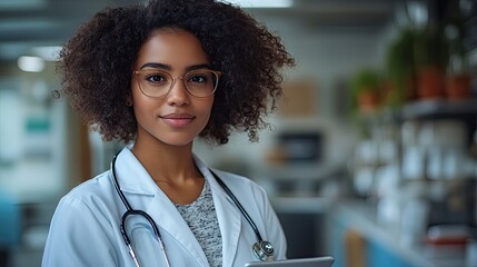 A young female doctor holding a tablet, using information communication technology and the Internet of Things.