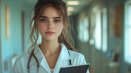 A young female doctor holding a tablet, using information communication technology and the Internet of Things.