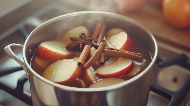 A pot of homemade hot apple cider simmering on the stove, filled with slices of apples, cinnamon sticks, and cloves. The kitchen is warm and inviting, filled with the comforting scents of fall