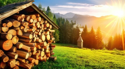 Firewood Stacked Beneath a Roof in a Mountainous Landscape at Sunset
