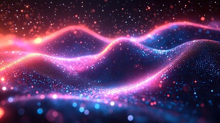 Abstract technology background featuring a dark gradient with blue and purple wave lines and light dots, highlighting big data.