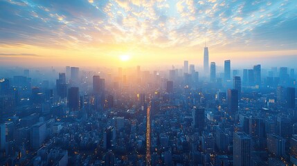 Fototapeta premium Aerial cityscape view with smart services icons, demonstrating IoT and augmented reality applications in urban environments.