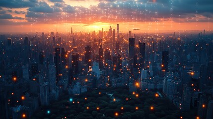 Fototapeta premium Aerial cityscape view with smart services icons, demonstrating IoT and augmented reality applications in urban environments.