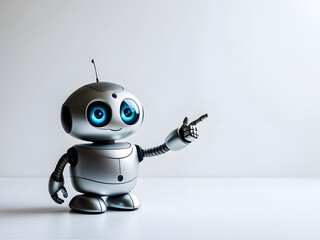a little robot with blue eyes pointing finger isolated on white background