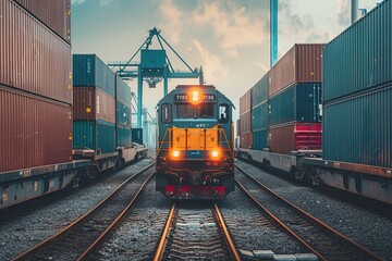A freight train is being loaded with cargo containers at a bustling railway station, showcasing industrial activity in progress. Generative AI