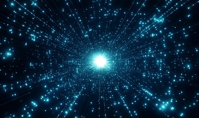 Obraz premium Abstract blue light streaks and particles radiating from a central white light.