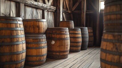 A rustic cider house with wooden barrels stacked along the walls, filled with fermenting apple cider. The atmosphere is calm and nostalgic, capturing the artisanal process of cider-making