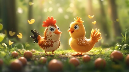 Two Cartoon Chickens with Heart-Shaped Leaves in a Forest Setting