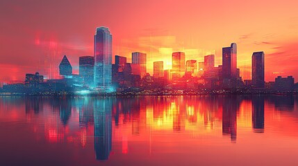 An abstract cityscape of Dallas, Texas, features futuristic skyscrapers, blending the architectural landscape with advanced digital aesthetics.