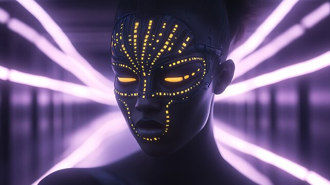 A captivating image captures a model with simplified, hairless skin adorned with a stunning subdermal morse code OLED makeup design