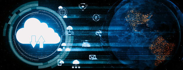 Cloud computing technology and online data storage for business network concept. Computer connects to internet server service for cloud data transfer presented in 3D futuristic graphic interface. uds